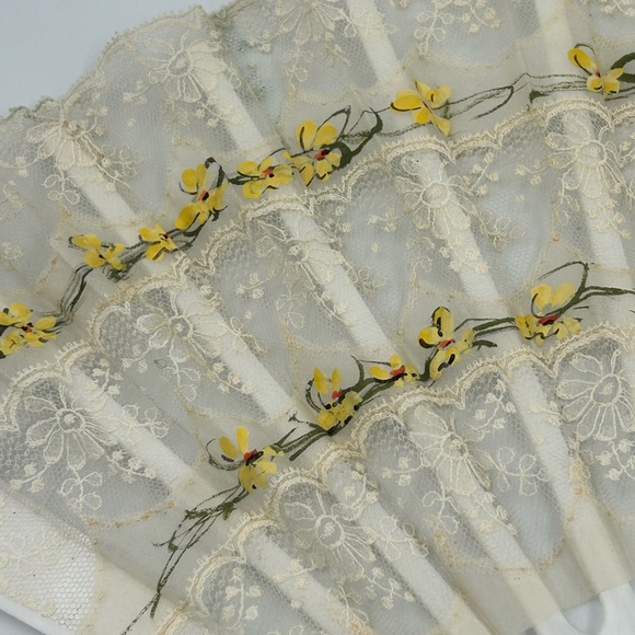 Elegant Lace Hand Fan with Yellow Floral Design - Picture 2 of 4